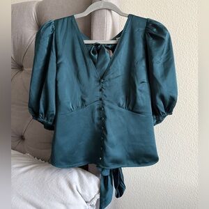 Dark Teal Satin Bow Back Blouse